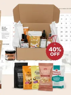 Collage of diverse subscription box items with a '40% off' tag for January 2025 deals