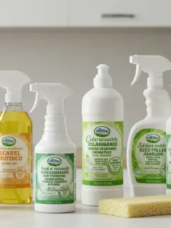 Assortment of seven new eco-friendly cleaning products on a countertop