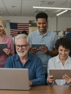 Diverse individuals accessing digital services on various devices, symbolizing government-backed free trials.