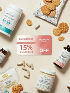 Assortment of premium wellness products with a loyalty program discount overlay