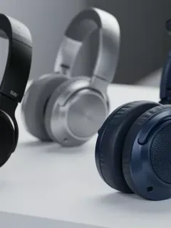 Three premium noise-cancelling headphones, black, silver, and blue, showcasing design and technology.