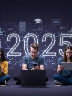 People engaging in online learning with various devices in 2025, symbolizing free educational trials and skill development.