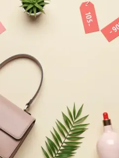 Stylish flat lay of discounted fashion and home decor items, symbolizing smart shopping and savings playbook