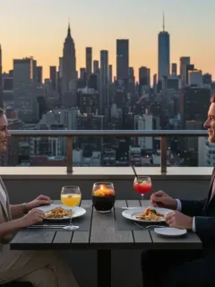 Couple enjoying luxury dining with city view, symbolizing high-end lifestyle savings.