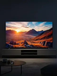 Modern living room with a budget 4K smart TV displaying vibrant content