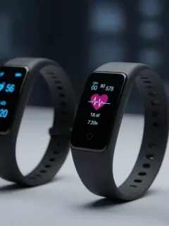 Four popular fitness trackers from 2025 displaying heart rate and sleep data on their screens, set against a blurred tech background.