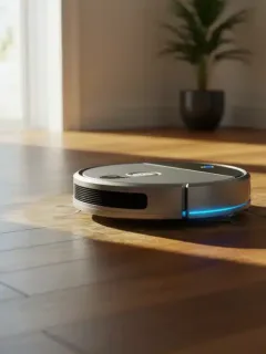 Futuristic 2025 robot vacuum cleaning a shiny hardwood floor