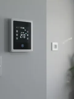 Smart home devices integrated into a modern living space demonstrating energy efficiency