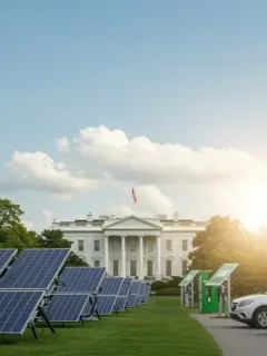 Illustration of green energy projects with solar panels, wind turbines, and the White House, symbolizing the new initiative.