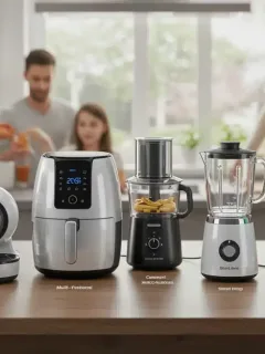 Six innovative kitchen gadgets on a modern counter, showcasing efficiency and durability for busy households.