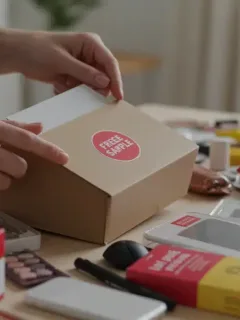 Hands unboxing a free product, surrounded by various sample items