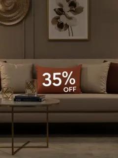 Modern living room with stylish decor and subtle 35% off savings tag for early 2025