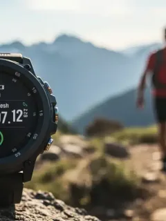 Rugged smartwatch on a wrist during a mountain hike, displaying fitness data
