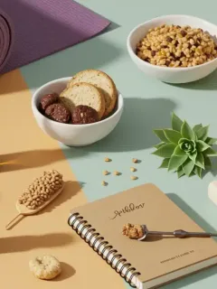 Arrangement of wellness and self-care items like a yoga mat, essential oils, and healthy snacks, symbolizing smart savings and a balanced lifestyle.