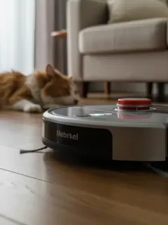 Robot vacuum effectively cleaning pet hair from a living room floor