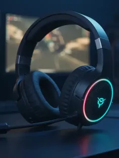 Futuristic gaming headset with RGB lighting on a gaming desk