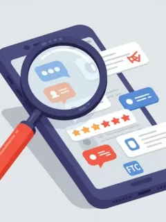 FTC regulations on product reviews, magnifying glass over smartphone showing authentic reviews.