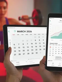 Woman using a fitness app on a tablet during a workout, with a calendar showing March 2026 deadline for free trials