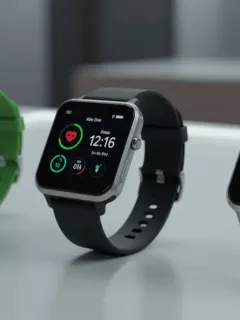 Three modern smartwatches displaying fitness data on a desk