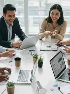 Professionals collaborating using various productivity tools on laptops and tablets in a modern office setting.