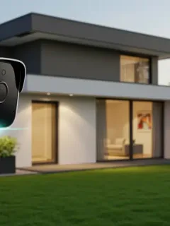 Futuristic home security camera mounted on a modern smart home exterior at dusk, capturing a wide view of the property.