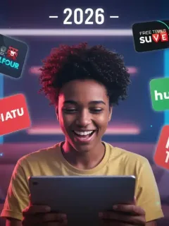 Person enjoying premium streaming content on a tablet with various streaming service icons floating around, symbolizing hidden free trial programs in 2026.