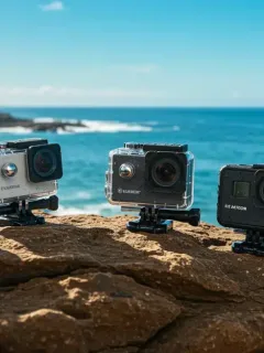 Five top action camera models for 2026 displayed on a rocky cliff overlooking the ocean, showcasing durability and image quality.