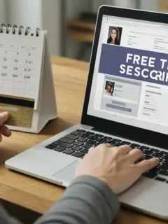 Organized person managing free trial subscriptions on a laptop, calendar, and credit card
