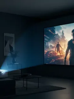 Sleek 4K projector displaying vibrant movie scene in modern home theater