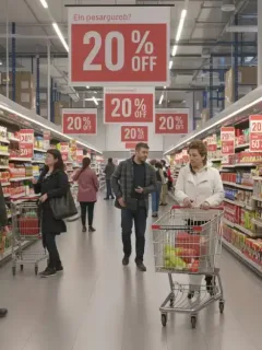 Shoppers in a brightly lit supermarket aisle with '20% Off' signs on essential groceries, reflecting improved supply chains.