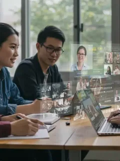 U.S. university students actively participating in a modern online learning environment, showcasing digital tools and collaborative platforms.
