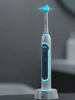 Futuristic electric toothbrush on charging base with blue light, representing advanced dental technology for superior cleaning.