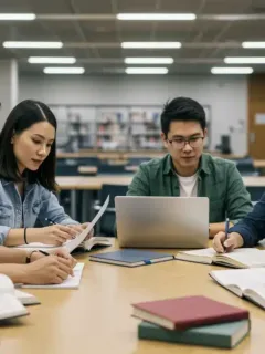 Diverse students collaborating on U.S. graduate school applications for 2025 admissions