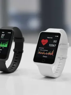 Four modern wearable health monitors displayed on a clean surface, showcasing various health data.
