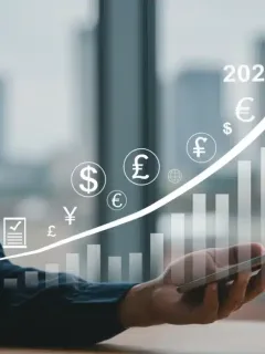 Graph showing rising inflation with currency symbols and a person analyzing financial data, representing 2025 inflation impact and strategies.