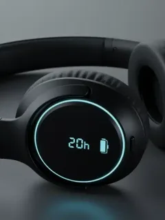 Sleek black noise-canceling headphones with 20-hour battery life on a grey surface.
