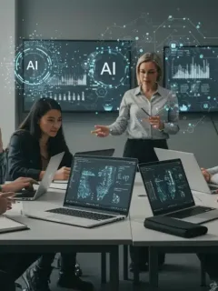 Students utilizing AI tools in a modern U.S. university classroom, preparing for future careers.