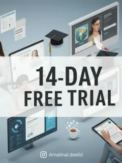Illustration of digital learning platforms offering 14-day free trials in 2026, showcasing user engagement and educational technology innovation.