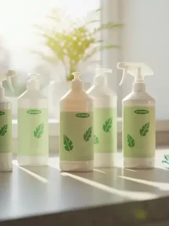 Assortment of eco-friendly cleaning products on a clean kitchen counter in a modern US home, emphasizing sustainability and effectiveness.