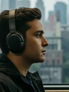 Commuter wearing modern noise-canceling headphones on a busy US train