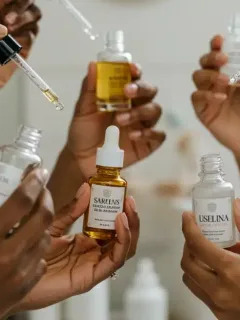 Hands applying various sensitive skin serums to faces, emphasizing gentle care and product texture.