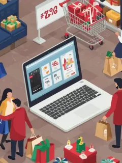Diverse shoppers navigating holiday retail environments, blending online and in-store experiences, reflecting evolving consumer behavior trends.