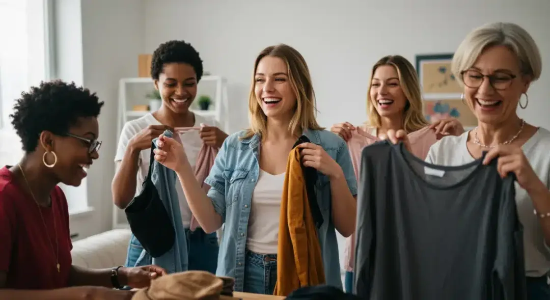 Friends participating in a clothing swap event