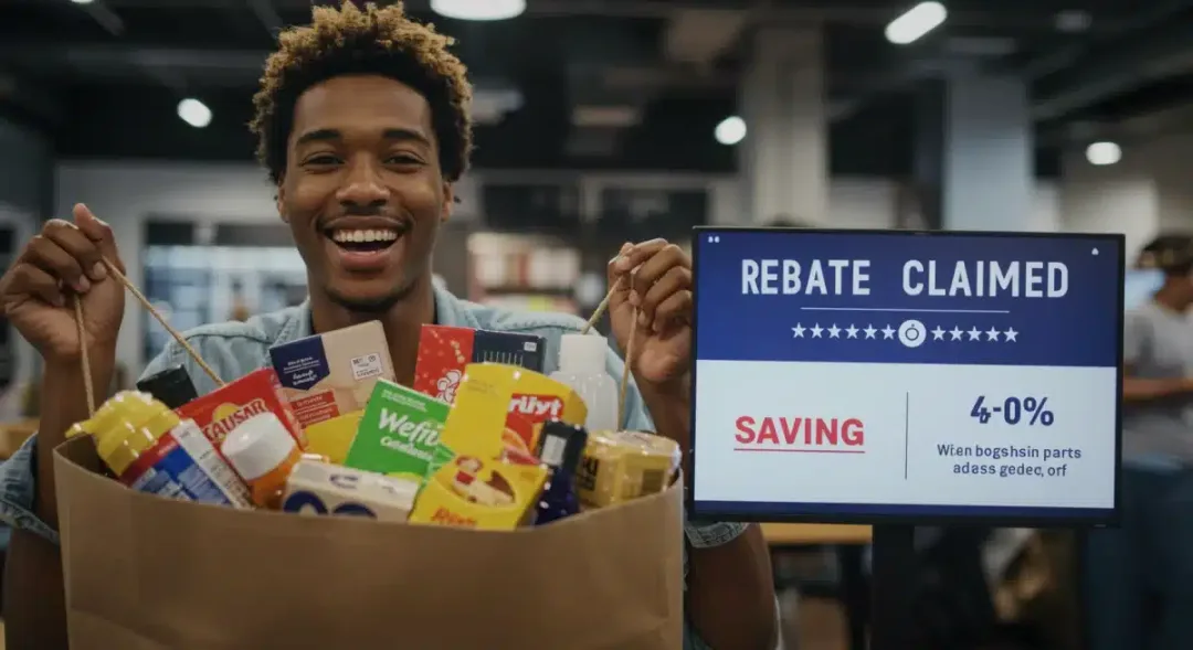 Person celebrating successful brand rebate claims on lifestyle purchases.
