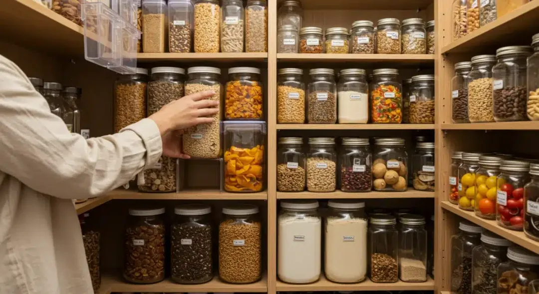 Organized pantry with reusable containers for bulk foods, illustrating zero-waste grocery shopping.