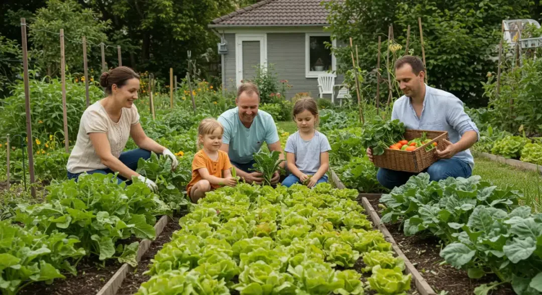 Family harvesting vegetables in a home garden, promoting self-sufficiency and reduced food waste.