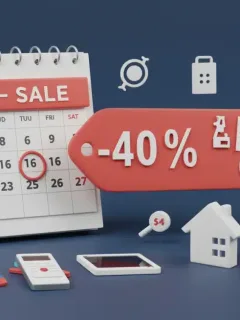 Calendar with marked sale dates and various discounted lifestyle products, symbolizing smart shopping plans for 2026.