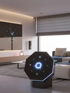 Modern living room with smart home devices and a central smart home hub