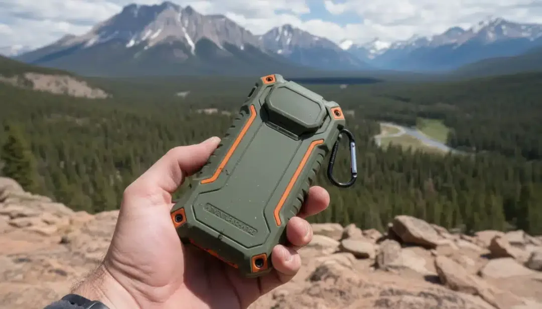 Rugged portable charger held against a national park backdrop.