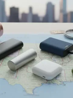 Five portable chargers on a US map, symbolizing travel power solutions.